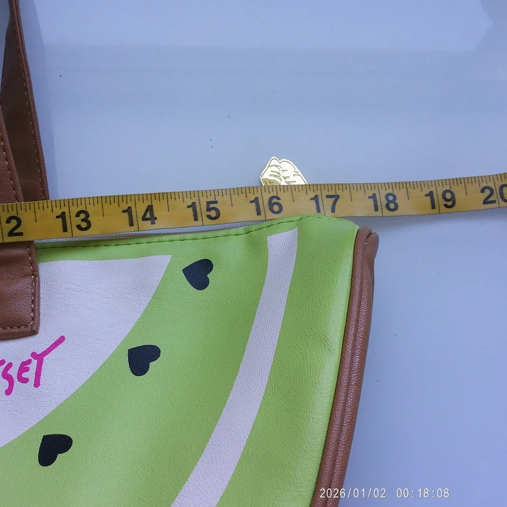 Luv Betsey Faux Leather Quirky Fruit Kiwi Heart Tote Bag Large Green